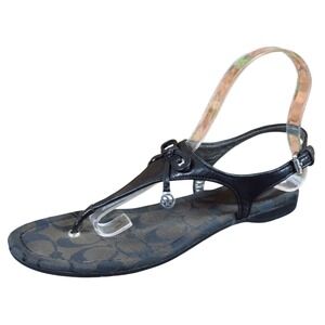 Coach Sylvianne Women Sandal Size 8 Casual Summer T-Strap Flat Black Leather